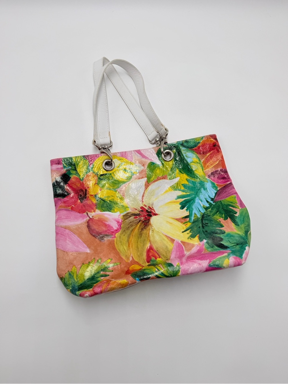 Maurizio Taiuti Genuine Leather Floral Tote Shoulder Bag Italy Multicolor